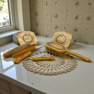 Vintage Art Deco Yellow Celluloid Vanity Set With Brush Nail File & Boxes